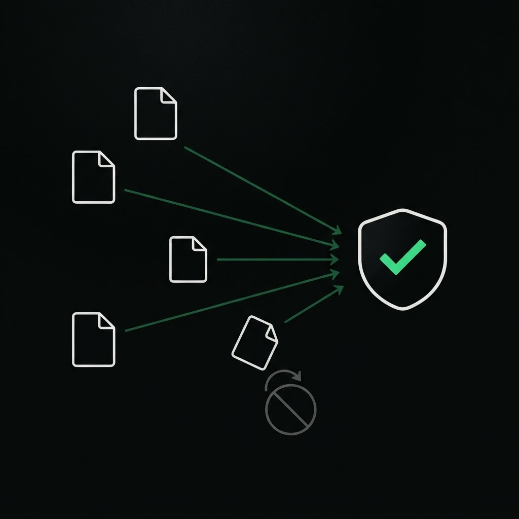 An illustration of documents flowing into a locked, labeled archive, representing the Knowledge Base of store hours, ID rules and policies that Hi is permitted to draw from.