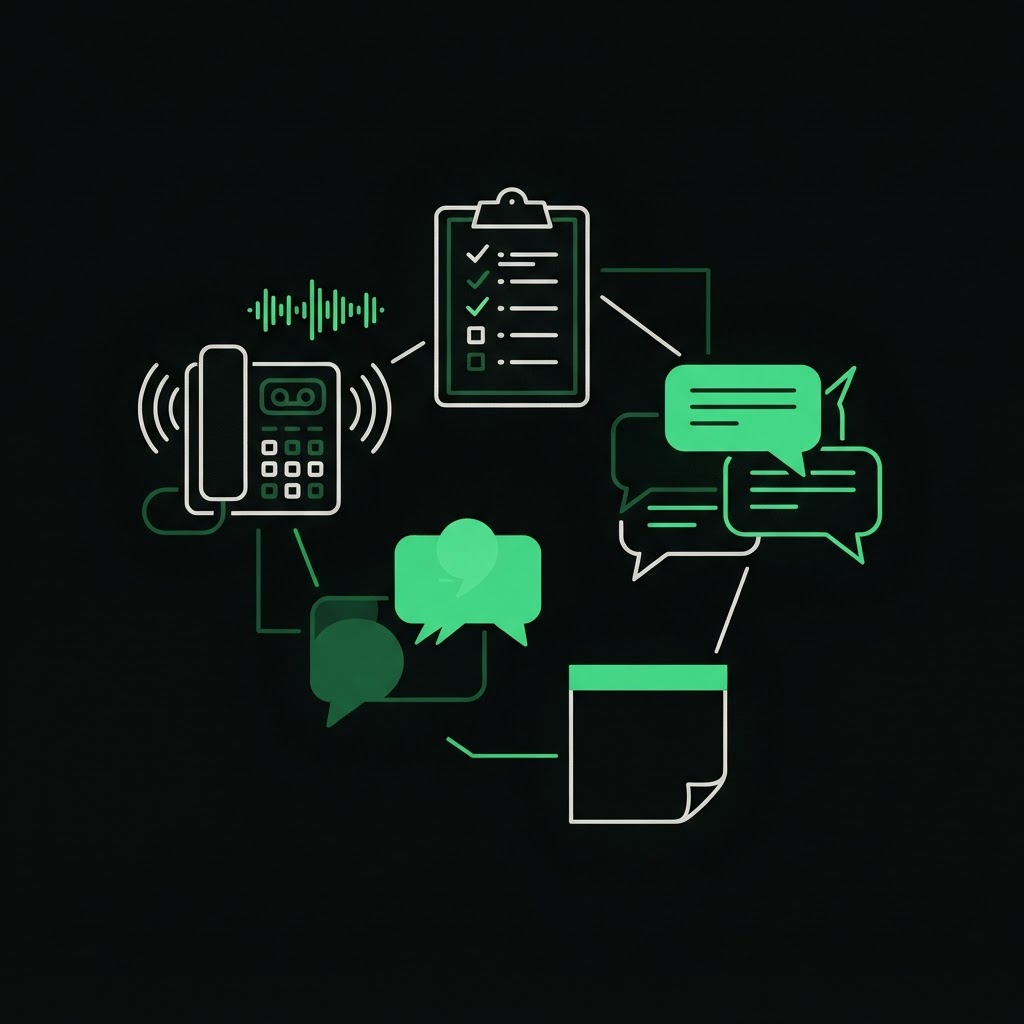 An illustration of overlapping phone calls, sticky notes and a paper checklist clipboard, representing a dispensary front desk running on scattered, disconnected tools.